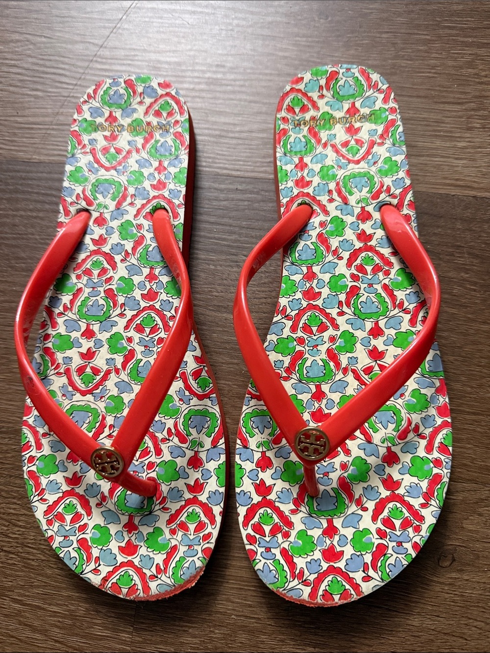 Tory Burch Flip Flops Orange Floral Paisley Wedge Sandals Women Size 9/9.5 - Picture 2 of 5